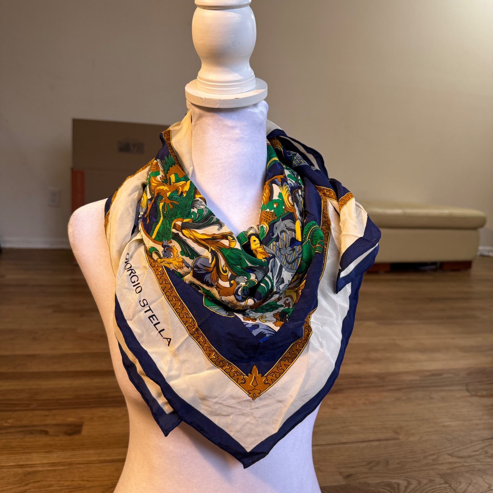 Giorgio Stella Silk Scarf Navy Blue Cream Gold Heraldic Lion Crest Square 31x31